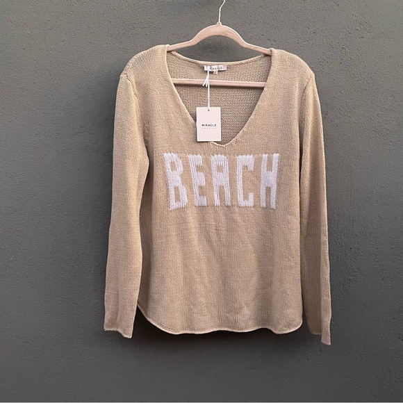 Monrow Tan Knit Sweater with White 'BEACH' Text - Picture 2 of 7